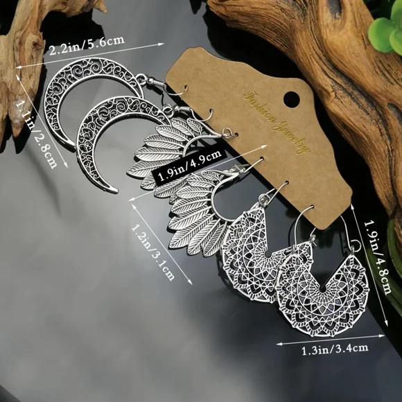 Boho Moon & Feather Hoop Earrings,Antique Silver Tone,3 Pairs Earrings Set - Picture 2 of 5